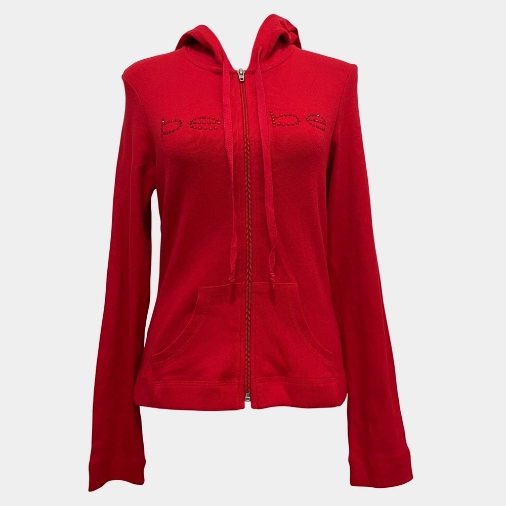 Vintage Bebe Full Zip Rhinestone Logo Hoodie Red Y2K‎ McBling USA Made Large